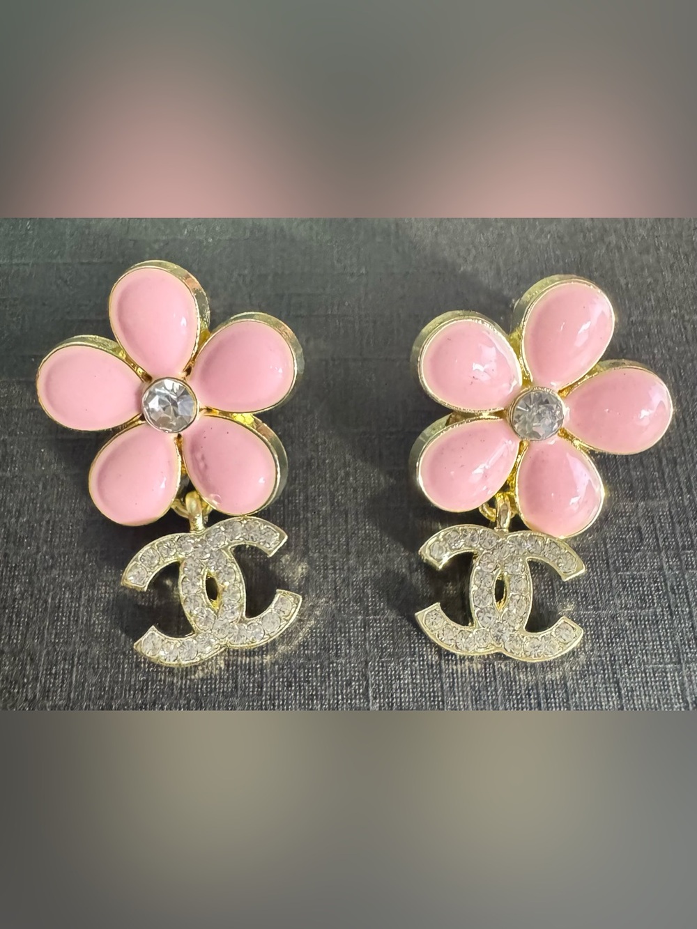 Pink Flower Drop Earrings with Iconic Double-C Logo